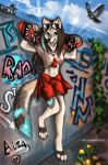  2020 4_toes 5_fingers anthro avian barefoot bird blue_eyes canid canine canis clothed clothing coyote day detailed_background digital_media_(artwork) digitigrade feathered_wings feathers female fingers flashw mammal outside sky smile toes wings 