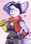  &lt;3 5_fingers anthro blep blue_eyes breasts clothing ear_piercing ear_ring eyewear female fingers fur goggles goggles_on_head hammer hi_res lombax mammal mechanical_arm one_eye_closed piercing ratchet_and_clank rift_apart_lombax scarf solo standing tongue tongue_out tools video_games white_body white_fur wink 