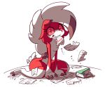  2017 anthro black_nose blush book canid canine claws diives eyelashes female fur hair homework lycanroc mammal midnight_lycanroc nintendo paper pok&eacute;mon pok&eacute;mon_(species) red_body red_eyes red_fur red_sclera sharp_teeth simple_background sitting solo tailwag teeth toe_claws video_games were werecanid werecanine white_background white_body white_fur white_hair 