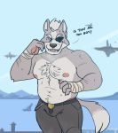  anthro areola bandage belly bodily_fluids body_hair bottomwear breath bulge canid canine canis chest_hair clothed clothing eye_patch eyewear fight fighting_pose fur grey_body grey_fur hair happy_trail hi_res kiba24 male mammal musclegut muscular nintendo nipples pants pink_areola pose silver_hair solo star_fox sweat taunting topless video_games wolf wolf_o&#039;donnell 