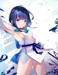  1girl artist_request bangs bare_shoulders black_hair blue_eyes blue_ribbon blush breasts closed_mouth dress fate/grand_order fate/requiem fate_(series) fundoshi highres japanese_clothes jewelry long_sleeves looking_at_viewer magatama magatama_hair_ornament medium_breasts medium_hair multicolored_hair necklace pelvic_curtain pink_hair polearm puffy_long_sleeves puffy_sleeves ribbon short_dress sideboob sideless_outfit smile spear streaked_hair thighs utsumi_erise water weapon white_background white_dress 