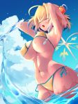  1girl ahoge armpits arms_up bangs bikini blonde_hair blue_hair blue_sky bombergirl breasts closed_eyes cloud covered_nipples crossed_bangs eyebrows_visible_through_hair from_below grenade_hair_ornament hair_between_eyes large_breasts lit_fuse multicolored_hair navel ocean open_mouth pine_(bombergirl) short_hair side-tie_bikini skindentation sky solo swimsuit thick_thighs thighs two-tone_hair unaligned_breasts underboob upper_teeth wading wat_(worldlog) water wet yellow_bikini 