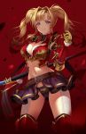  1girl armor belt blonde_hair blue_eyes breasts cleavage garter_straps gauntlets granblue_fantasy hair_intakes highres koyaya long_hair midriff navel o-ring o-ring_top polearm red_armor skirt solo spear thighhighs twintails weapon zeta_(granblue_fantasy) 