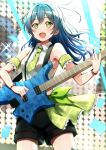  1girl bang_dream! blue_hair green_eyes guitar highres instrument lock_(bang_dream!) long_hair mia_(fai1510) 