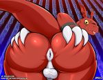  balls butt claws digimon digimon_(species) digital_media_(artwork) feral genitals guilmon hi_res looking_at_viewer male red_body red_skin simple_background solo spaca tongue tongue_out video_games yellow_eyes 