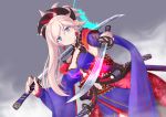  1girl absurdres blue_eyes blush earrings fate/grand_order fate_(series) hair_ornament highres holding holding_sword holding_weapon japanese_clothes jewelry katana kimono kimono_skirt layered_clothing layered_kimono miyamoto_musashi_(fate/grand_order) obi pink_hair pipin_try sash short_kimono simple_background smile solo sword weapon wide_sleeves 