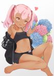  1girl absurdres bare_legs barefoot black_jacket black_shorts blue_flower blush breasts child chloe_von_einzbern commentary_request croptop dark_skin fate/grand_order fate_(series) flower heart highres jacket long_hair looking_at_viewer navel open_mouth piliheros2000 pink_flower pink_hair short_shorts shorts simple_background small_breasts smile solo white_background 