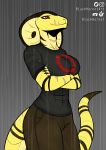  absurd_res anthro big_breasts blackhornet bottomwear breasts claws clothed clothing cobra crossed_arms female hi_res just_ryan multicolored_body pants raining red_eyes reptile scalie scar shirt simple_background smile snake solo standing t-shirt topwear two_tone_body wet yellow_body 