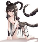  1girl :o arm_guards armor bangs barefoot bikini_armor black_armor black_horns black_tail blonde_hair breasts cleavage collarbone eyebrows_visible_through_hair facial_mark full_body hair_between_eyes horns kneeling long_hair looking_at_viewer navel original parted_lips pointy_ears red_eyes seonrang shadow shirtless shoulder_armor small_breasts solo tail thigh_strap very_long_hair white_background 