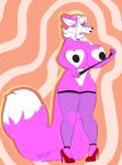  abstract_background anthro big_breasts black_nipples black_pussy blue_eyes breasts canid canine canis clothing female fishnet fishnet_legwear footwear fur genitals hair hatarla hi_res high_heels huge_breasts legwear looking_at_viewer mammal nipples pink_body pink_fur pussy riding_crop shoes solo whip white_hair wolf yuni_hermit 
