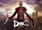  1boy black_coat black_gloves blue_eyes city cloud cloudy_sky coat collarbone dante_(devil_may_cry) dante_(dmc:_devil_may_cry) day devil_may_cry devil_may_cry_3 dmc:_devil_may_cry dual_wielding english_text fingerless_gloves fingernails gloves gun handgun holding holding_gun holding_weapon jewelry kikira male_focus necklace outdoors parted_lips pistol signature silhouette sky smile solo standing weapon white_hair 