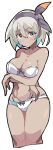  1girl absurdres bangs bare_arms bare_shoulders black_hairband bra breasts cleavage cropped_legs dark_skin enpe eyebrows_visible_through_hair grey_eyes gym_leader hair_between_eyes hairband highres large_breasts navel panties pokemon pokemon_(game) pokemon_swsh saitou_(pokemon) short_hair silver_hair simple_background solo strapless strapless_bra underwear white_background white_bra white_panties 