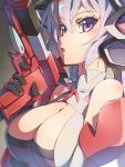  1girl :o arm_guards bangs bare_shoulders black_gloves blush breasts chiharu_(9654784) cleavage cleavage_cutout commentary_request eyebrows_visible_through_hair gloves gradient gradient_background grey_background gun hair_between_eyes headgear highres holding holding_gun holding_weapon large_breasts long_hair open_mouth purple_eyes senki_zesshou_symphogear silver_hair solo upper_body weapon yukine_chris 