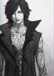  1boy chromatic_aberration closed_fan collarbone devil_may_cry devil_may_cry_5 fan folding_fan full_body_tattoo greyscale highres jewelry male_focus monochrome necklace neko_sheep shirtless smile solo tattoo tooth_necklace upper_body v_(devil_may_cry) 