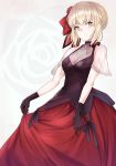  1girl absurdres alternate_costume artoria_pendragon_(all) bangs bare_arms black_bow black_dress black_gloves blonde_hair bow braid breasts cleavage closed_mouth commentary_request dress eyebrows_visible_through_hair fate/stay_night fate_(series) floral_print flower gloves grey_background hair_flower hair_ornament hair_ribbon highres looking_at_viewer medium_breasts mr.doukotsu red_bow red_dress red_flower red_ribbon ribbon rose saber_alter see-through short_hair simple_background sleeveless sleeveless_dress smile solo white_background yellow_eyes 