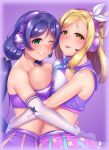  2girls :p ;d absurdres bare_shoulders blonde_hair blush breast_press breasts cleavage cowboy_shot eighth_note elbow_gloves fingerless_gloves from_side gacchu gloves green_eyes grin hair_ornament hair_rings headphones headset highres hug large_breasts long_hair looking_at_viewer looking_to_the_side love_live! love_live!_school_idol_project low_twintails multiple_girls musical_note ohara_mari one_eye_closed open_mouth pink_skirt purple_background purple_sailor_collar purple_skirt ribbon sailor_collar sideboob simple_background skirt sleeveless smile star_(symbol) star_hair_ornament strapless symmetrical_docking takaramonozu teeth tongue tongue_out toujou_nozomi tubetop twintails very_long_hair white_gloves white_ribbon yellow_eyes 