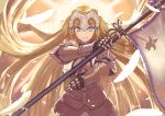  1girl armor backlighting banner blonde_hair blue_eyes breast_curtains breasts commentary_request cowboy_shot fate/apocrypha fate/grand_order fate_(series) feathers full_armor gauntlets headpiece highres holding janoukyo19 jeanne_d&#039;arc_(fate) jeanne_d&#039;arc_(fate)_(all) long_hair looking_at_viewer medium_breasts ribbon serious solo straight_hair sunlight v-shaped_eyebrows very_long_hair yellow_ribbon 