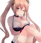  1girl arm_under_breasts bangs bikini black_bikini blonde_hair breasts brown_eyes choker cleavage collarbone commentary_request eyebrows_visible_through_hair finger_to_mouth hair_between_eyes hair_ribbon highres hirune_(konekonelkk) kantai_collection knees_up long_hair looking_at_viewer medium_breasts murasame_(kantai_collection) one_eye_closed ribbon sidelocks simple_background solo swimsuit twintails white_background 