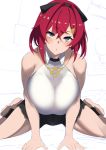  1girl alternate_breast_size ange_katrina bare_shoulders barefoot blue_eyes breast_squeeze breasts huge_breasts looking_at_viewer nijisanji nuezou parted_lips red_hair short_shorts shorts solo spread_legs work_in_progress 