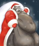  2010 anthro balls belly big_balls canid canine christmas clothing doguma-sin facial_hair genitals hat headgear headwear holidays inugami_gyoubu_(nurarihyon_no_mago) male mammal mustache navel nurarihyon_no_mago obese outside overweight overweight_male raccoon_dog santa_claus santa_hat snow solo tanuki 