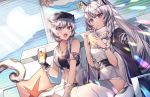  2girls aliasing animal_ears arknights blush braids cliffheart_(arknights) drink gloves hat long_hair pramanix_(arknights) purple_eyes tagme_(artist) tail thighhighs white_hair 