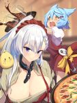  2girls absurdres amigo_(hua_cao) anchor_symbol animal_ears animal_on_shoulder apron azur_lane badge bangs belfast_(azur_lane) bird blue_hair blurry blurry_background blush braid breasts broken broken_chain brown_dress button_badge buttons chain chick cleavage collar collarbone collared_dress commentary cowboy_shot cup dress drink drinking_glass english_commentary eyebrows_visible_through_hair food fox_ears french_braid fubuki_(azur_lane) hair_between_eyes hair_ornament hair_ribbon hairclip highres holding holding_food ice ice_cube indoors large_breasts long_hair looking_at_viewer manjuu_(azur_lane) multiple_girls off_shoulder open_mouth pizza ponytail puffy_short_sleeves puffy_sleeves purple_eyes red_apron red_dress red_ribbon ribbon shirt short_hair short_sleeves sidelocks smile standing tears tongue tray tripping upper_body wavy_mouth white_hair white_shirt yellow_eyes yellow_ribbon 
