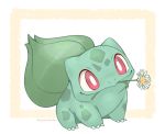  2020 ambiguous_gender amphibian bulbasaur claws feral flower flower_in_mouth green_body green_markings markings nintendo nyaasu plant pok&eacute;mon pok&eacute;mon_(species) red_eyes signature smile solo spots standing video_games 