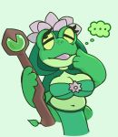  amphibian anthro breasts cherryglazie cleavage clothed clothing eyelashes female frog hi_res navel non-mammal_breasts open_mouth slightly_chubby solo speech_bubble stick tongue 