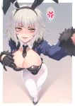  1girl ahoge anger_vein animal_ears bangs black_footwear black_gloves black_neckwear blush border breasts bunny_ears cleavage commentary eyebrows_visible_through_hair fake_animal_ears fate/grand_order fate_(series) from_above gloves grey_background hair_between_eyes jeanne_d&#039;arc_(alter)_(fate) jeanne_d&#039;arc_(fate)_(all) jjune large_breasts long_hair long_sleeves looking_at_viewer lower_teeth necktie open_mouth pantyhose shoes short_hair short_necktie silver_hair simple_background smile solo spoken_anger_vein standing sweatdrop white_border white_legwear yellow_eyes 