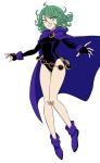  1girl bare_legs black_leotard boots breasts brooch cape cosplay curly_hair dc_comics eyebrows_visible_through_hair eyelashes fingerless_gloves floating full_body gloves green_eyes green_hair grin hair_between_eyes highres jewelry leotard looking_at_viewer one-punch_man purple_cape purple_footwear raven_(dc) raven_(dc)_(cosplay) runningpigeon73 short_hair simple_background small_breasts smile solo tatsumaki teen_titans thighs white_background wrist_cuffs 