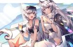  2girls animal_ear_fluff animal_ears arknights armband bandeau bangs bare_arms bare_shoulders bead_necklace beads belt black_belt black_cape black_gloves braid cabbie_hat cape cliffheart_(arknights) commentary_request cup drinking_straw gloves grey_eyes hair_between_eyes hands_up hat head_chain holding holding_cup jacket jewelry koyukomu leopard_ears looking_at_another multiple_girls necklace open_mouth pramanix_(arknights) short_hair siblings silver_hair sisters sitting sleeveless sleeveless_jacket strapless thighhighs tubetop twin_braids white_headwear white_jacket white_legwear 