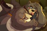  2020 anthro belly blush brown_body brown_fur butt clothing eyewear food fur glasses humanoid_hands kemono licking lying male mammal moobs nipples overweight overweight_male raichoclub solo tongue tongue_out underwear ursid 