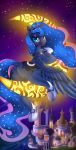  2020 absurd_res blue_body blue_feathers butt butt_pose cutie_mark dankflank detailed_background digital_media_(artwork) equid eyelashes feathered_wings feathers featureless_crotch female feral friendship_is_magic hi_res horn looking_at_viewer mammal my_little_pony night outside pose princess_luna_(mlp) rear_view smile solo straddling winged_unicorn wings 