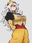  1girl android_19 android_19_(cosplay) android_21 arms_behind_back cosplay dragon_ball dragon_ball_fighterz dragon_ball_z earrings glasses grey_background hair_between_eyes hoop_earrings jewelry kemachiku long_hair long_sleeves looking_at_viewer majin_android_21 pants puffy_long_sleeves puffy_sleeves red_eyes simple_background solo striped vertical-striped_pants vertical_stripes white_hair yellow_headwear yellow_pants 