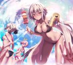  /\/\/\ 0_0 1boy 3girls :d adapted_costume akina_t artoria_pendragon_(all) artoria_pendragon_(swimsuit_rider_alter) ass ass_visible_through_thighs bare_shoulders beer_can bent_over bikini black_bikini black_bow black_choker blonde_hair blurry blurry_foreground bow breasts brown_eyes can choker cleavage cloud collarbone command_spell day depth_of_field eyebrows_visible_through_hair fate/grand_order fate_(series) food frilled_bikini frills fujimaru_ritsuka_(male) grin hair_bow hair_bun hair_over_one_eye highres jeanne_d&#039;arc_(alter_swimsuit_berserker) jeanne_d&#039;arc_(fate)_(all) jewelry lens_flare long_hair looking_at_viewer looking_back maid_headdress mash_kyrielight meat medium_breasts mouth_hold multiple_girls navel necklace o-ring o-ring_bikini onion open_mouth outdoors outstretched_arm pink_bow pink_hair popsicle pov short_hair side-tie_bikini silver_hair skewer small_breasts smile sparkle stomach sunlight surprised swimsuit swimsuit_of_perpetual_summer teeth v-shaped_eyebrows very_long_hair white_bikini 
