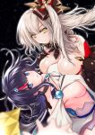  2girls bare_shoulders black_hair blue_eyes blue_ribbon breasts cleavage dark_persona dress fate/grand_order fate/requiem fate_(series) highres jewelry large_breasts long_hair long_sleeves magatama magatama_hair_ornament marie_antoinette_(alter)_(fate/grand_order) medium_hair multicolored_hair multiple_girls necklace pale_skin pelvic_curtain puffy_long_sleeves puffy_sleeves ribbon short_dress side_ponytail sideboob sideless_outfit streaked_hair tsuzuki_yoshio two-sided_skirt utsumi_erise white_dress white_hair yellow_eyes 