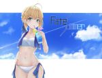  1girl absurdres ahoge artoria_pendragon_(all) bangs bikini blonde_hair blue_ribbon blue_sky blush braid breasts cloud cloudy_sky collarbone commentary_request copyright_name cowboy_shot day dress drink drinking drinking_straw eyebrows_visible_through_hair fate/stay_night fate_(series) green_eyes hair_between_eyes hair_ribbon hand_on_hip highres holding looking_at_viewer mr.doukotsu navel outdoors ribbon saber short_hair side-tie_bikini sidelocks sky small_breasts solo stomach summer sweat swimsuit white_background white_bikini 