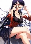  1girl :d bangs bare_shoulders blue_hair blush breasts cleavage cluseller crossed_legs fangs glasses highres jacket long_hair looking_at_viewer open_mouth original pleated_skirt red_eyes red_nails sitting skirt smile solo teeth tsurime very_long_hair 