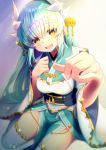  1girl aqua_hair aqua_kimono breasts dragon_girl dragon_horns fate/grand_order fate_(series) highres horns japanese_clothes kimono kiyohime_(fate/grand_order) large_breasts long_hair looking_at_viewer minamo25 multiple_horns obi pelvic_curtain sash sitting solo thighhighs white_legwear wide_sleeves yellow_eyes yokozuwari 