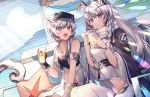  2girls animal_ear_fluff animal_ears arknights armband bandeau bangs bare_arms bare_shoulders bead_necklace beads belt black_belt black_cape black_gloves braid cabbie_hat cape cliffheart_(arknights) commentary cup drinking_straw gloves grey_eyes hair_between_eyes hands_up hat head_chain holding holding_cup jacket jewelry koyukomu leopard_ears looking_at_another multiple_girls necklace open_mouth pramanix_(arknights) short_hair siblings silver_hair sisters sitting sleeveless sleeveless_jacket strapless thighhighs tubetop twin_braids white_headwear white_jacket white_legwear 