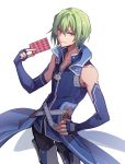  1boy ao_no_kiseki black_pants blue_gloves blue_shirt card chinese_commentary closed_mouth commentary cowboy_shot eiyuu_densetsu elbow_gloves eyebrows_visible_through_hair feng_you fingerless_gloves gloves green_hair hair_between_eyes hand_on_hip holding holding_card looking_at_viewer pants shirt short_hair simple_background sleeveless sleeveless_shirt smile solo strap waistcoat wazy_hemisphere white_background yellow_eyes zero_no_kiseki 