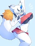  2020 absurd_res anthro big_breasts blue_background blue_eyes bottomwear bouncing_breasts breasts canid canine cheerleader clothed clothing devil-vox eyewear female fluffy fluffy_tail fox fur glasses hair hi_res kemono looking_at_viewer mammal navel open_mouth open_smile pom_poms raised_arm simple_background skirt smile snout solo standing topwear white_body white_fur white_hair 