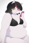  anthro belly bikini black_hair breasts catti_(deltarune) claws clothed clothing deltarune domestic_cat eyeliner felid feline felis female frown fur hair half-closed_eyes hi_res highlights_(coloring) holding_object holding_phone makeup mammal narrowed_eyes overweight overweight_female phone pink_highlights portrait simple_background sitting skimpy solo swimwear three-quarter_portrait three-quarter_view underchikichan video_games whiskers white_body white_fur wide_hips yellow_sclera 