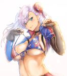  1girl american_flag_bikini asymmetrical_gloves asymmetrical_hair bangs belt beltskirt bikini breasts bun_cover choker collarbone elbow_gloves fate/grand_order fate_(series) fingerless_gloves flag_print front-tie_bikini front-tie_top gloves green_eyes grey_hair hair_bun highres jewelry large_breasts long_hair looking_at_viewer miyamoto_musashi_(fate/grand_order) miyamoto_musashi_(swimsuit_berserker)_(fate) pendant pink_hair renkon_(s36tereste) shrug_(clothing) sideboob simple_background single_elbow_glove smile solo strap_lift swept_bangs swimsuit tan tanline underboob white_background 