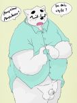  2020 3:4 anthro balls belly blush canid canine canis clothing domestic_dog dumdum english_text eyewear genitals glasses hi_res humanoid_genitalia humanoid_penis kemono male mammal overweight overweight_male penis shirt simple_background small_penis solo text topwear 