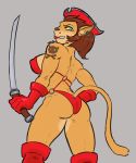  anthro athletic beauty_mark bone boots brown_hair captain_amelia clothed clothing disney domestic_cat ear_piercing ear_ring felid feline felis female footwear fur gloves green_eyes hair handwear hi_res lips looking_back mammal melee_weapon muscular muscular_female piercing pirate pirate_hat rear_view red_lips simple_background skull solo stupidgnoll sword tattoo treasure_planet weapon 