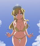  1girl bangs bikini blonde_hair blue_eyes blush breasts cleavage cloud commentary_request day double_bun eyebrows_visible_through_hair fletcher_(kantai_collection) from_above hairband kantai_collection large_breasts long_hair looking_at_viewer outdoors side-tie_bikini sky solo sweat swimsuit tamu_(mad_works) yellow_bikini 