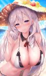  1girl algerie_(azur_lane) algerie_(white_sand_angel)_(azur_lane) azur_lane bangs between_breasts bikini blush breasts cleavage closed_mouth collarbone commentary_request covered_nipples detached_collar drill_hair flower hair_between_eyes hand_in_hair hand_up hat hat_flower head_tilt highres large_breasts long_hair looking_at_viewer mole mole_on_breast mole_under_eye navel outdoors purple_eyes silver_hair smile solo straw_hat sun_hat swimsuit two-tone_bikini very_long_hair wet white_bikini yuwari_ume 