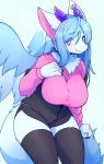  2020 5_fingers anthro bent_over big_breasts blue_background blue_body blue_fur blue_hair blush breasts chest_tuft clothed clothing devil-vox dragon female fingers fluffy fluffy_tail fully_clothed fur furred_dragon hair hand_on_breast hi_res legwear long_hair looking_at_viewer shirt simple_background smile snout solo standing thigh_highs topwear tuft wings yellow_eyes 
