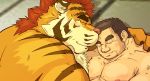  2020 anthro belly blush cuddling duo eyes_closed felid hug human kemono male male/male mammal moobs nipples overweight overweight_male pantherine raichoclub tiger 